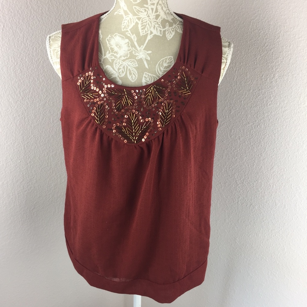 Coldwater Creek Red Rust Sleeveless Blouse Top Embellished Medium